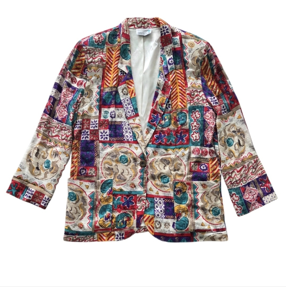 VTG 80s Colorful Geometric Print Textured One-Button‎ Patchwork Blazer Women’s M